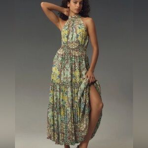 Anthropologie Somerset Halter Maxi Dress in green floral